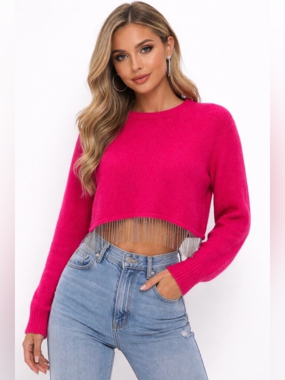 House of Harlow 1960 Hot Pink Rhinestone Fringe Sweater NWT Size Small